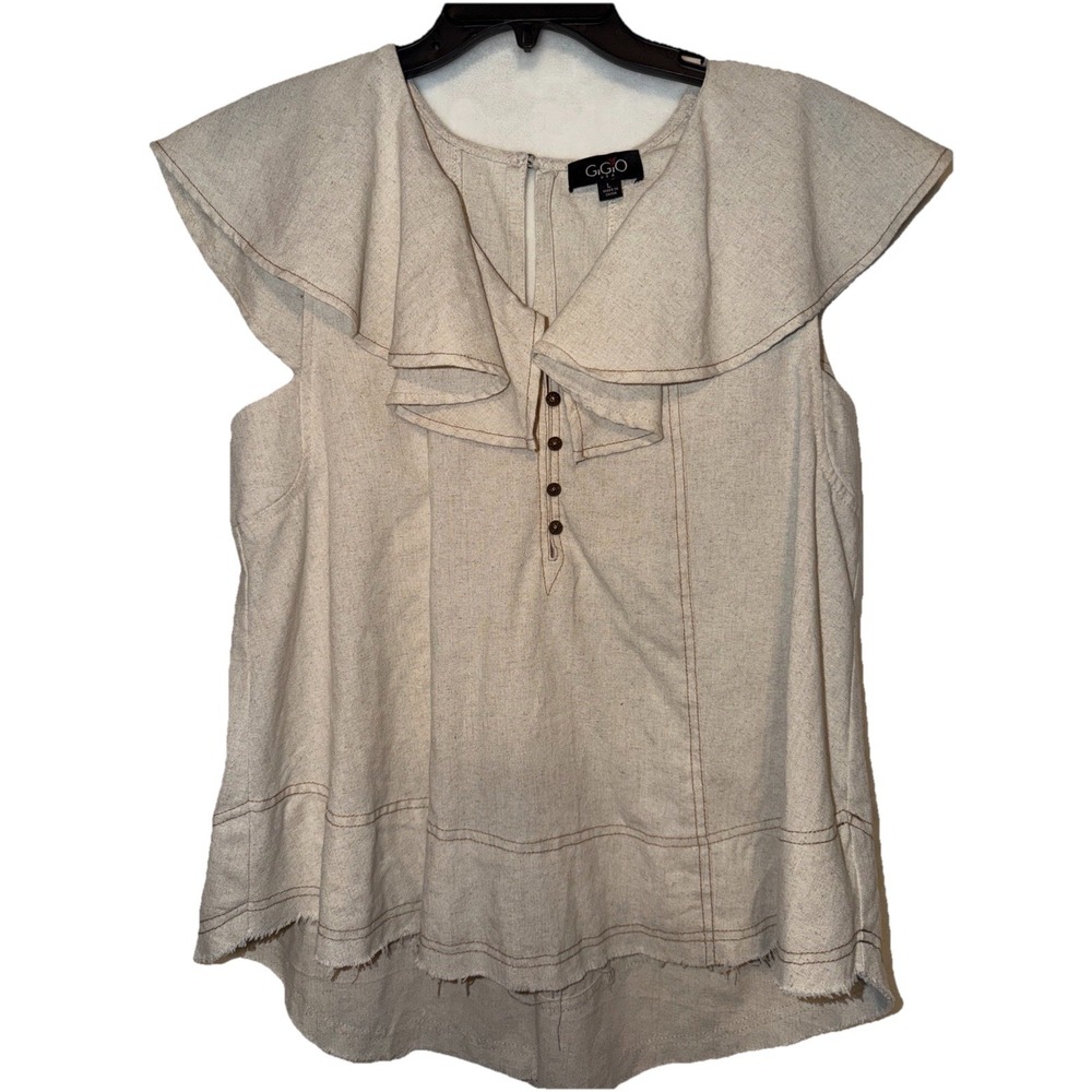 GiGio USA Peasant Cottage core Blouse Linen Viscose Cotton Blend Top SZ L Beige